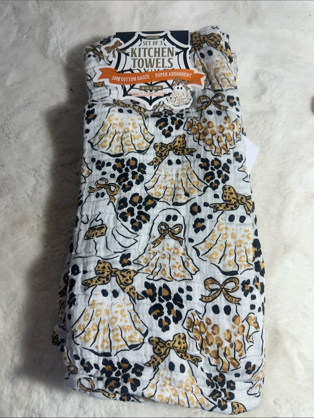 Envogue set of 3 100% cotton gauze leopard print ghost kitchen towel
